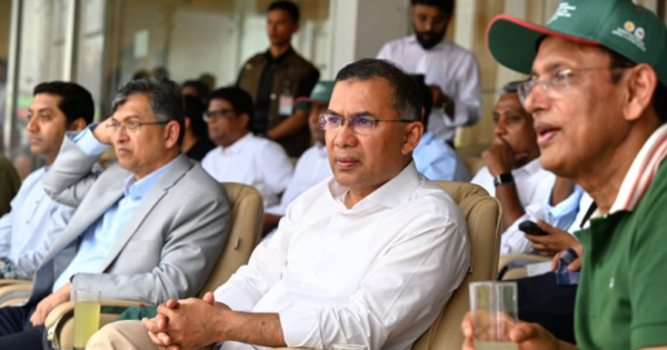 স্টেডিয়ামের গ্যালারিতে বসে দেশসেরা ক্ষুদে ফুটবলারদের খেলা দেখছেন প্রধানমন্ত্রী